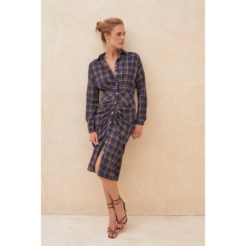 Lulus Seasonal Spirit Navy Blue Plaid Ruched Long Sleeve Midi Dress - Size XL